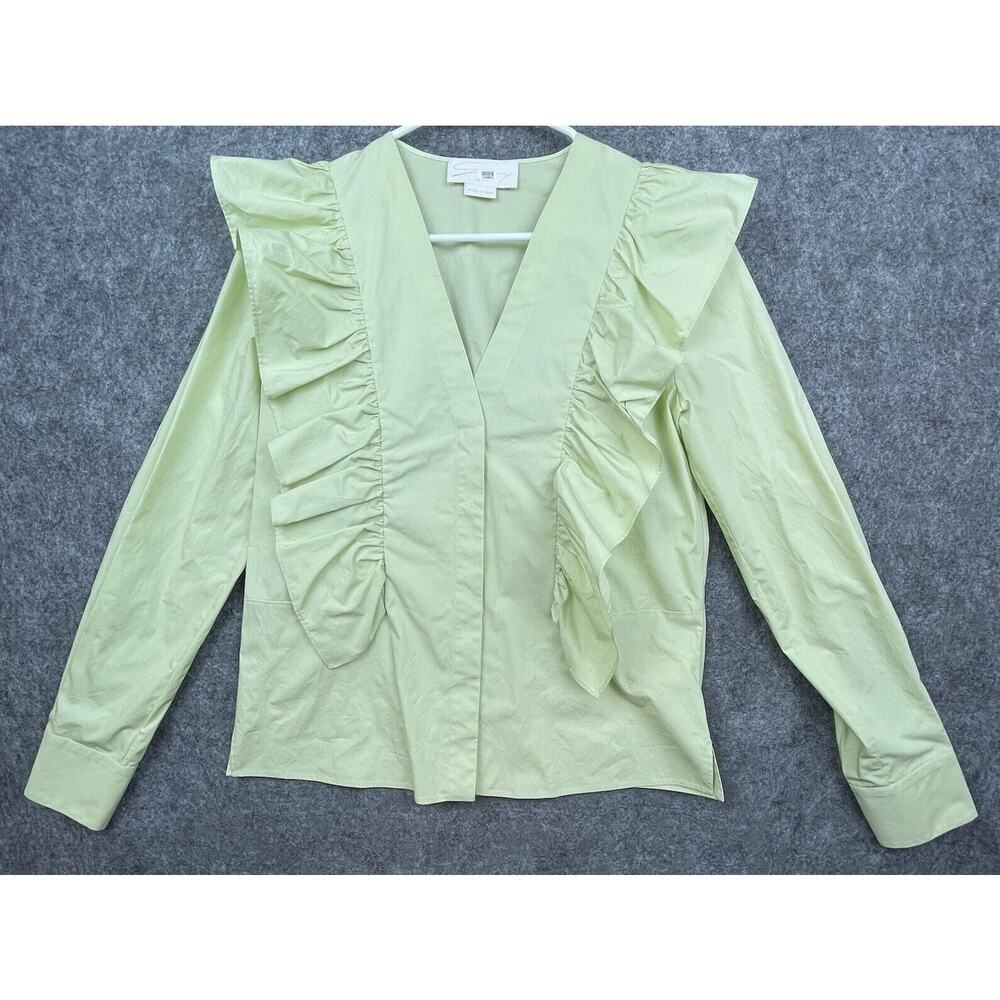 Genny Italy Blouse Women 4 Pastel Green Ruffled Peasant Cottage Career Fitted